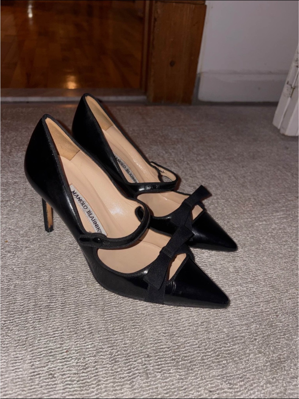 Manolo Blahnik Black Pointed-Toe Mary Jane Pumps with Bow